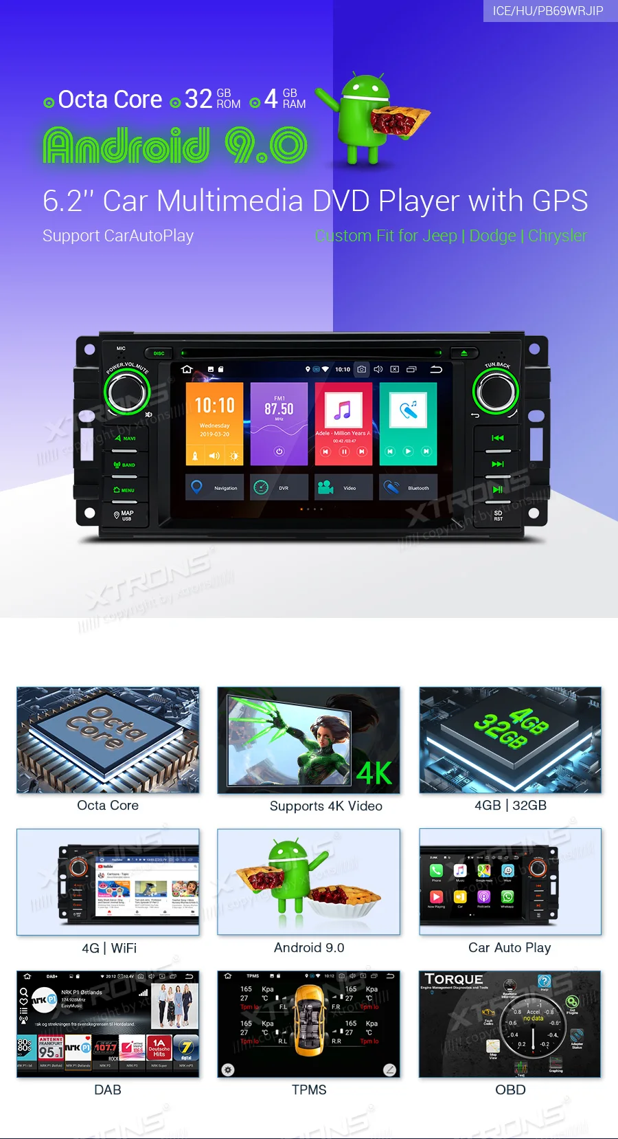 Flash Deal XTRONS 6.2" Android 9.0 Octa Core Car Radio DVD Player GPS Navigation for JEEP Patriot Liberty Wrangler Compass DODGE Chrysler 0