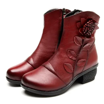 

905 New Fashion Women's Leather Boot Handmade Ethnic Style Coarse-heeled Women's Shoes Genuine Leather Women's Boots