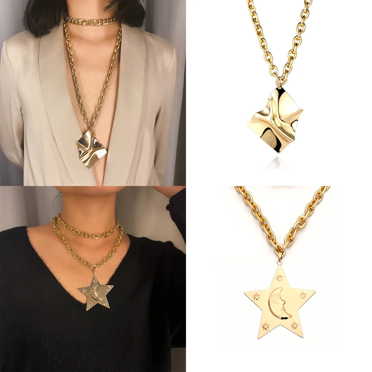 

Metal Exaggerated Geometric Embossed Charm Necklace Punk Retro Pentagram Pendant Multi-layer Necklace Hip Hop Jewelry