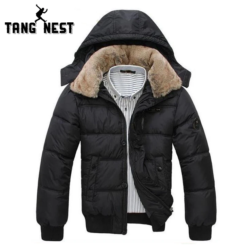 TANGNEST/2019 г. зимняя куртка Для мужчин толстые теплые сплошной Цвет Для мужчин пальто шапка Съемная необходимо пальто Черный и белый цвет;