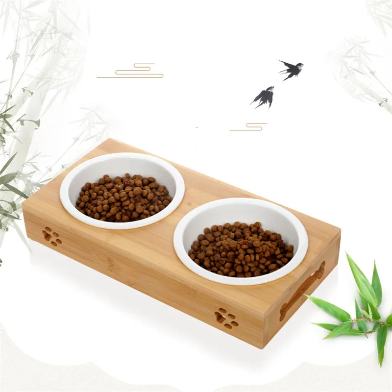 

New Dog Feeders Bowl Bamboo Tableware Ceramic and Stainless Steel Double Mouth Dog Bowl High Grade Antiskid Pet Supplies