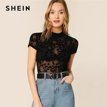 SHEIN черная леопардовая сетчатая Прозрачная Футболка без бюстгальтера, облегающая футболка с коротким рукавом, Женская эластичная Летняя Сексуальная футболка со стоячим воротником