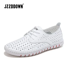 Genuine Leather ladies flats sneakers shoe Women casual loafers shoes female Hollow moccasins White Lace up canvas Boat shoes