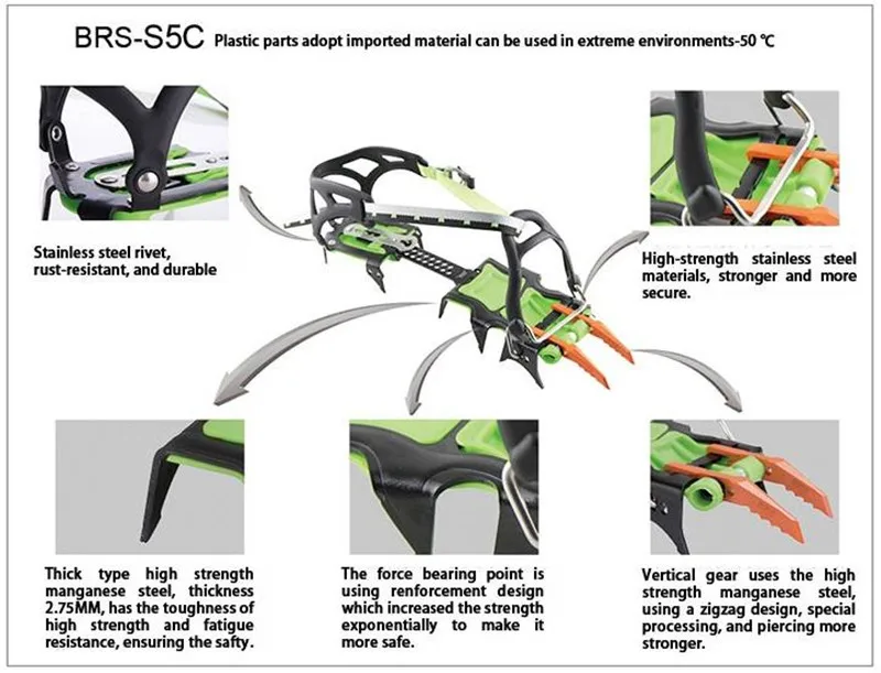BRS 14 зубов профессиональный открытый альпинизм полный зажим Crampon марганцевой стали ледяной захват альпинист Expeditions BRS-S5A/B/C