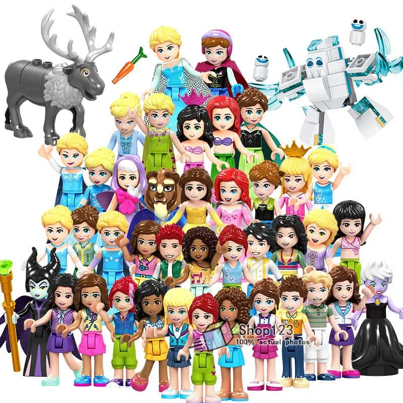 

20 pcs/lot Princess Minifigured Girls Dolls Belle Beast Mulan Anna Elsa Cinderlla Movie Building Blocks Toys For Children Gift
