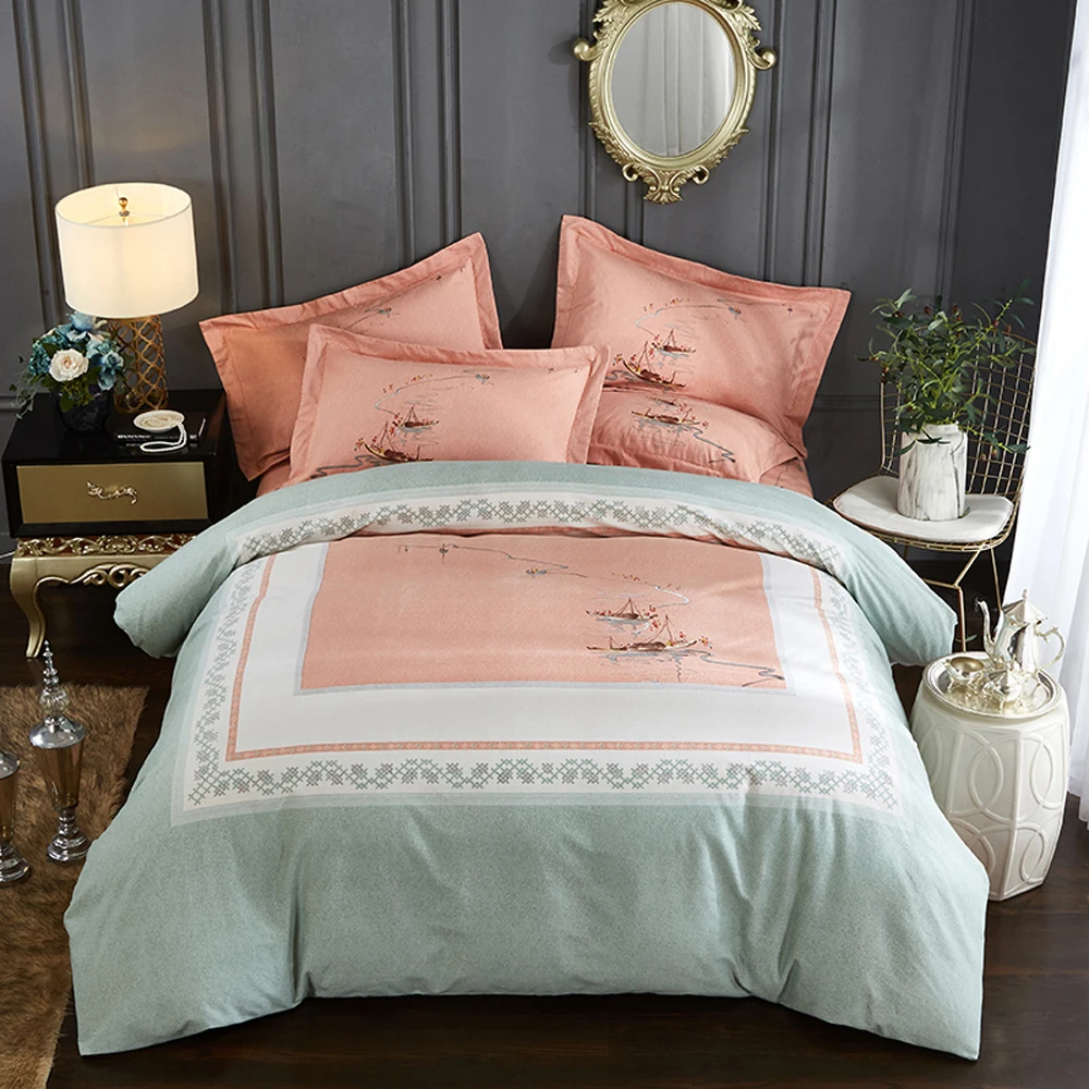

Papa&Mima Small boat on the water print Sanding cotton bedding set Queen King size flat sheet pillowcases duvet cover sets