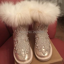 Женские зимние ботинки ручной работы со стразами; ботильоны на плоской платформе с плюшевой подкладкой и стразами; теплые зимние ботинки на меху