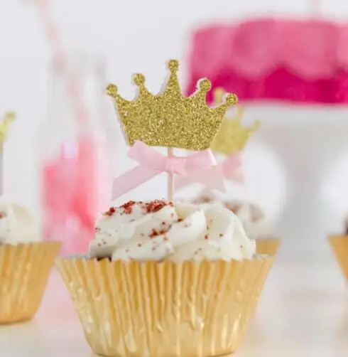 

glitter gold crown Princess theme girl birthday cupcake toppers baby shower baptism Christening party decoration toothpicks