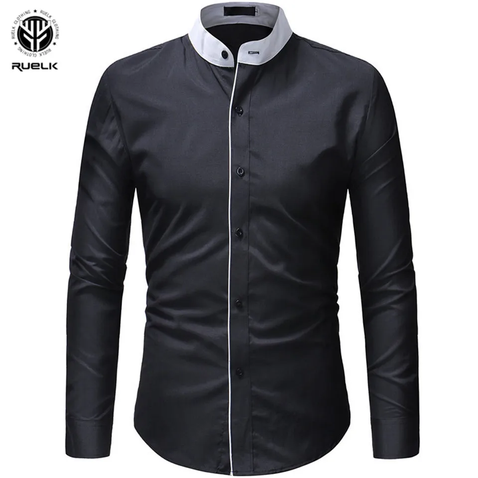 

RUELK 2019 New Men's Business Casual Shirt Single Breasted Stand Collar Black and White Color Top Cardigan Slim Fit Styles