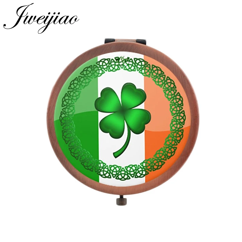 

JWEIJIAO Decoration Printing ART plant moive Portable mirror green Lucky Clover Vanity mirror glass cabochon for gift QF337