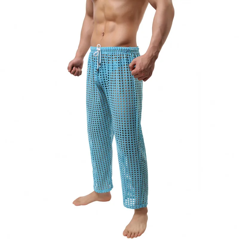 Новое поступление летом прохладно Для мужчин модные Костюмы пикантные Для мужчин, с дырочками, из Повседневное брюки сна и отдыха; брюки для сна, низ