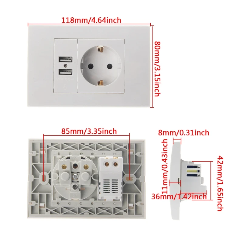 OOTDTY стены Мощность разъем 16A ЕС Стандартный электрической розетке 1000mA Dual USB Зарядное устройство Порты и разъёмы