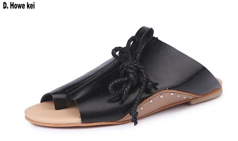 

D. Howe kei 2018 Ankle Strap Women's Sandals Vintage PU Leather Rivets Flip Flops Lace Up Ladies Summer Casual Flat Shoes