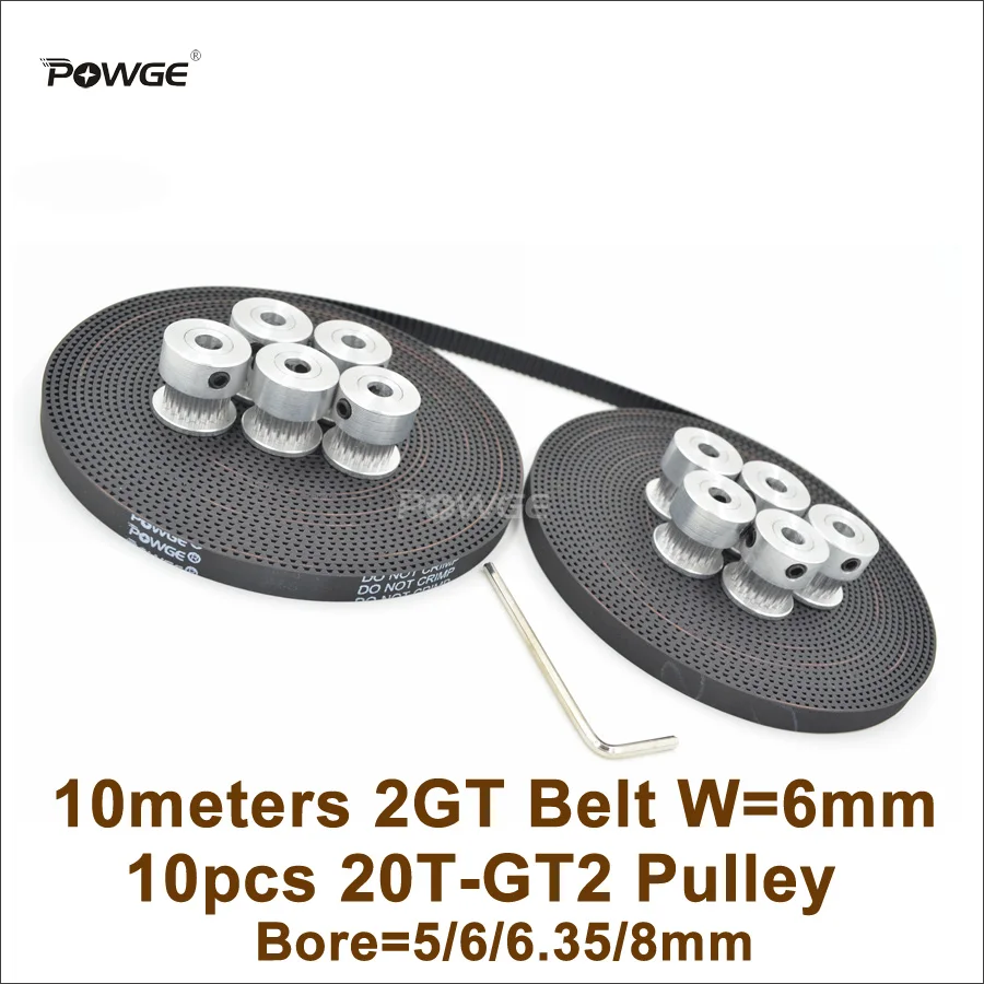 

POWGE 10pcs 20 Teeth GT2 Timing Pulley Bore 5/6/6.35/8mm + 10M GT2 Timing Belt Width 6mm 20Teeth 20T 2GT Pulley 3D Printer Parts