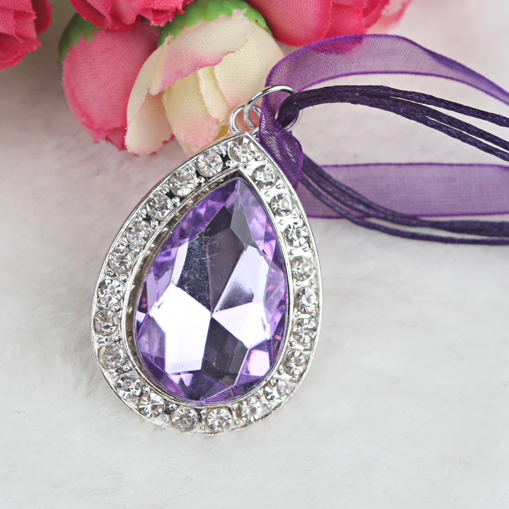 

1PC Princess mixed color Silk Ribbon Purple Water Drop Crystal Rhinestone Pendant Sofia Amulet Necklace