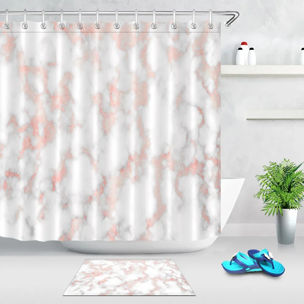 

LB Marble with Rose Gold Texture Extra Long Shower Curtain with Mat Set Bathroom Nature Waterproof Fabric For Art Bathtub Decor