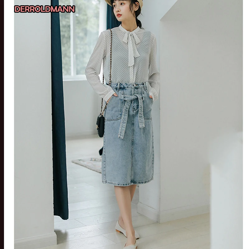 

Summer Autumn Office Lady High Waist Jeans Skirt Pocket Lace Denim Skirt Soft Comfortable Denim Women