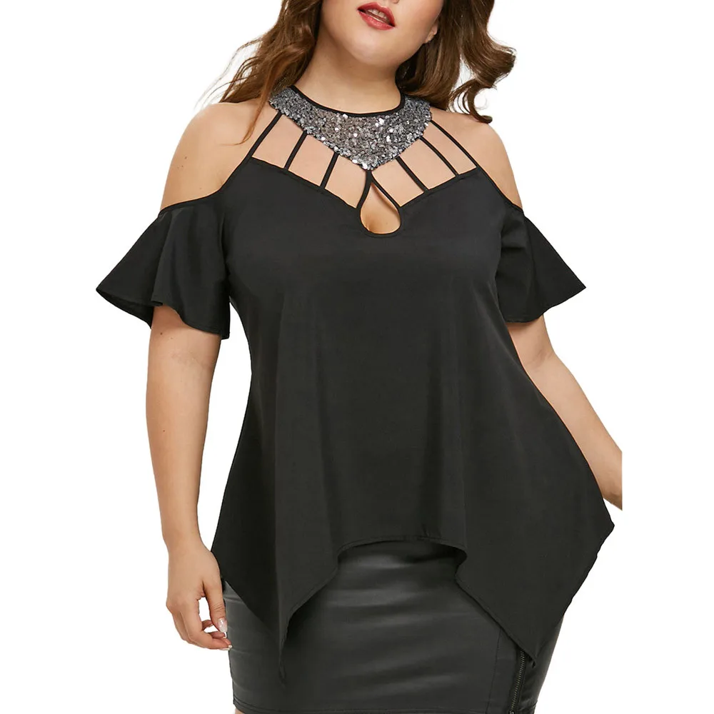 

Plus Size 5XL Summer Womens Tops and Blouses Tunic Cold Shoulder Sequined Short Sleeve Women Clothing Blusa Camisa Feminina