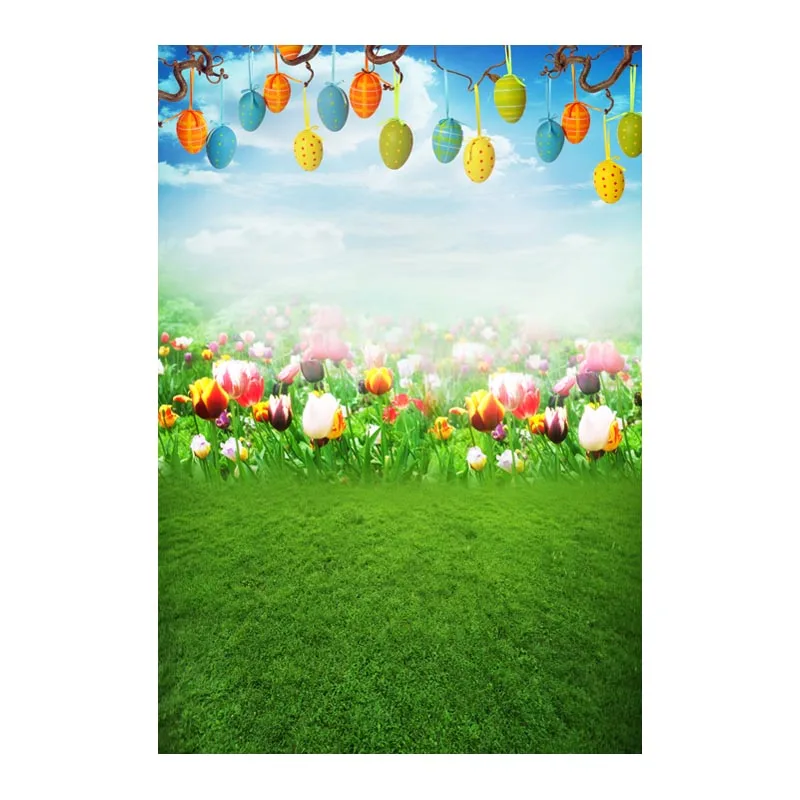 5x7ft Tulip Flowers Field Green Grass Easter Eggs Branch Custom