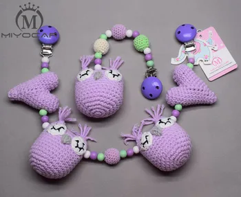 

MIYOCAR handmade purple wood clip Crochet with owl stroller toy chain for pram stroller mobile rattle wooden stroller chain