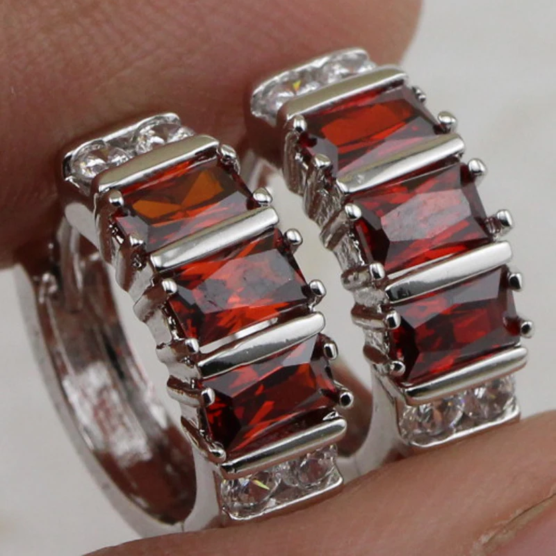 Classy Great Nice Red CZ Gems Hoop Earrings Rhodium Plated Jewelry Gift