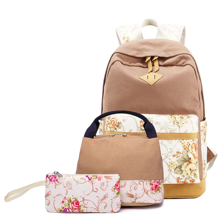 3 шт./компл. Для женщин рюкзаки из холста с цветочным узором; с принтом рюкзак школьный рюкзак для девочек-подростков, рюкзак для Коробки для обедов - Цвет: Хаки