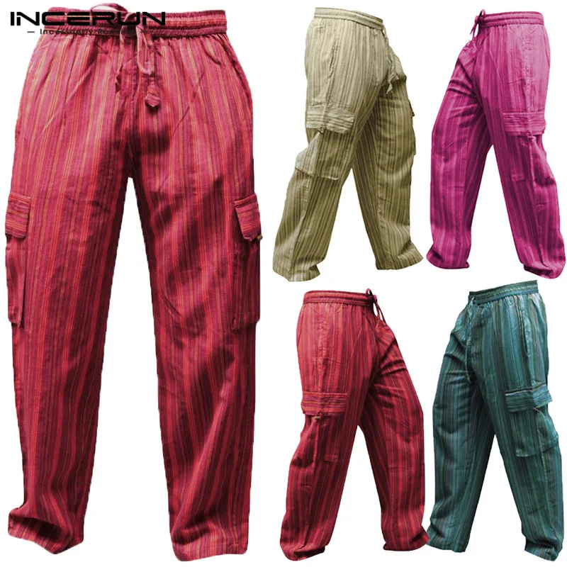 

INCERUN 2019 Stripe Men Cargo Pants Wide Leg Side Pockets Cotton Combat Trousers Casual Loose Quick Dry Long Pants Plus Size 5XL