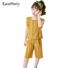 Conjunto diario de verano para niñas pequeñas Camisa de rayas verde/tostado + Pantalones 2 uds conjuntos chándales vintage ropa para niños 2-7 años