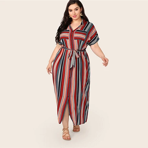 SHEIN Plus Size Multicolor Pocket Patched Belted Striped Shirt Dress 2019 Women Summer Casual