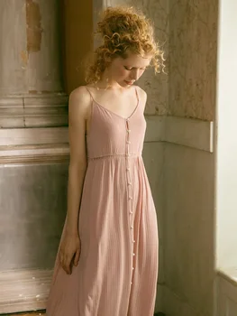 

Cotton Long Nightgowns For Women Elegant Princess Deep Pink Sleepwear Cardigan Loose Sexy Night Dress