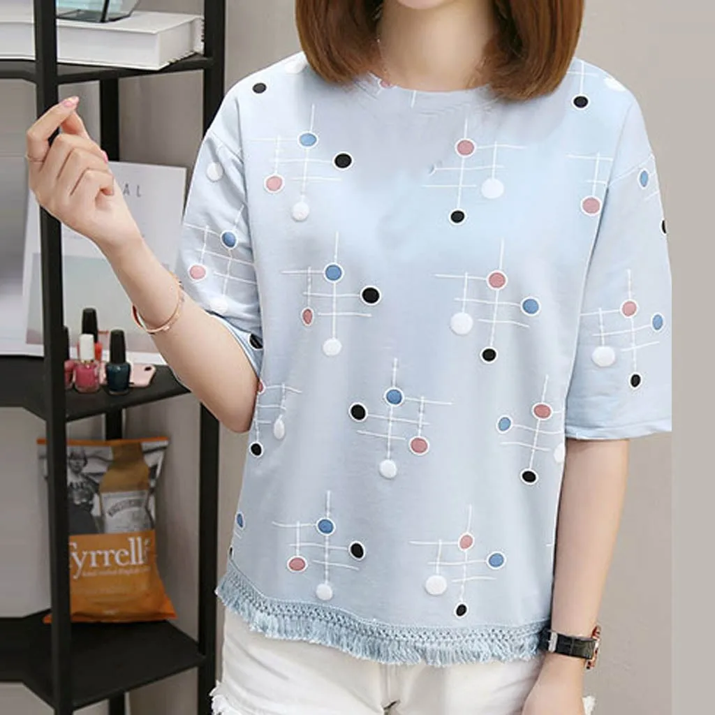 

blusas mujer de moda 2019 women's blouse shirt Women Fashion Tassels Leisure O-Neck Half Sleeve Shirt Wave Point Tops Blouse