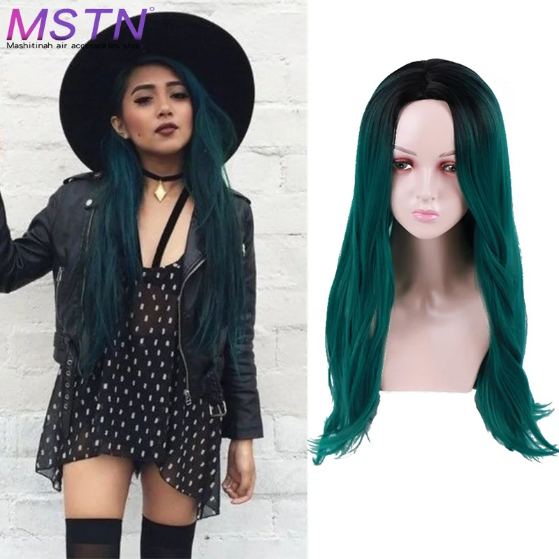 

MSTN 24 Inch Cos Wig Women's Afro Long Ombre Green Cosplay Lolita Wig No Bangs High Temperature Fiber Synthetic Extension Wigs