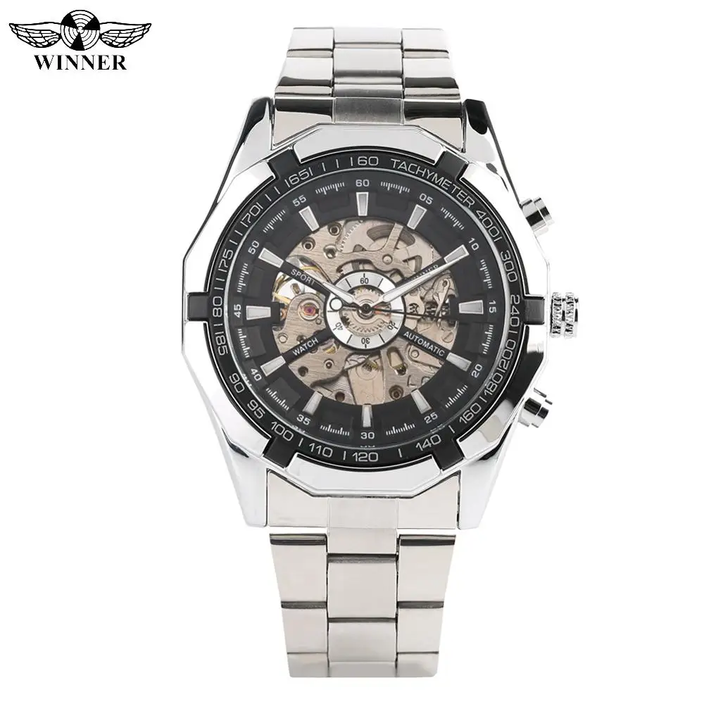 

Fashion Stainless Steel Mechanical Watch for Men Silver Automatic-self-winding Mechanical Watches for Male Luminous Hands Bangle