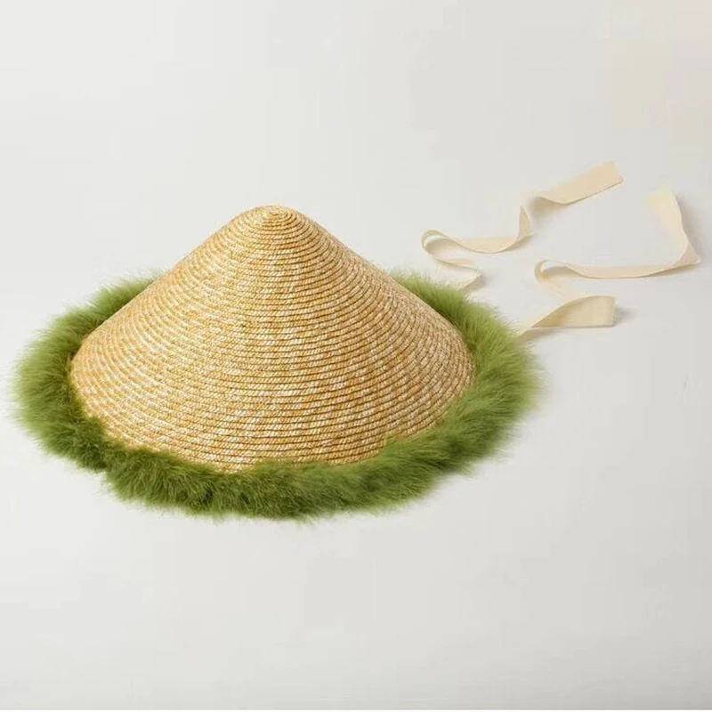 Лето Осень Новые модные шапки женские забавные перья бахрома дождь соломенная шляпа