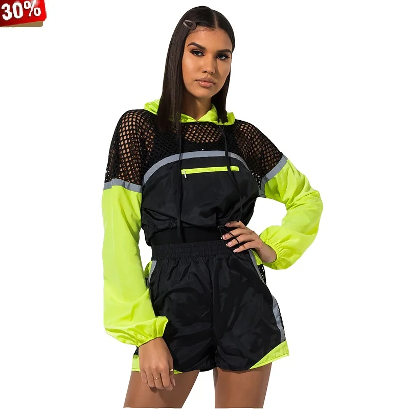 

Hoodies 2 Piece Shorts Set Hoodie Women Fishnet Shorts Biker Short Sweatshirt LongSleeves Sexy Slim Hooded Tracksuits Suits Set