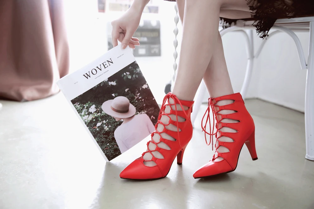 Летние женские сандалии острый носок на шнуровке в стиле «Гладиатор» с вырезами женская обувь туфли-лодочки с завязками на лодыжках на высоком каблуке; вечерние ботинки Rome размера плюс