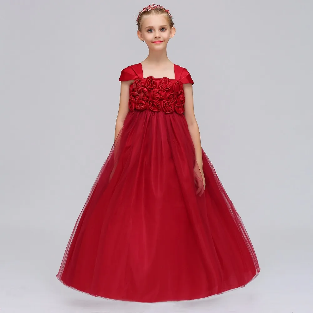 

Fashion Appliques Red Little Flower Girl Dresses O-neck Tea-length Tank Girl Dress Princess Ball Gown