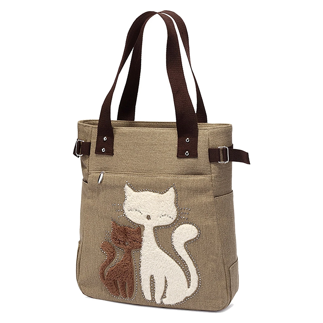 Women's messenger handbag canvas bag with cute cat small shopping shoulder bag Khaki