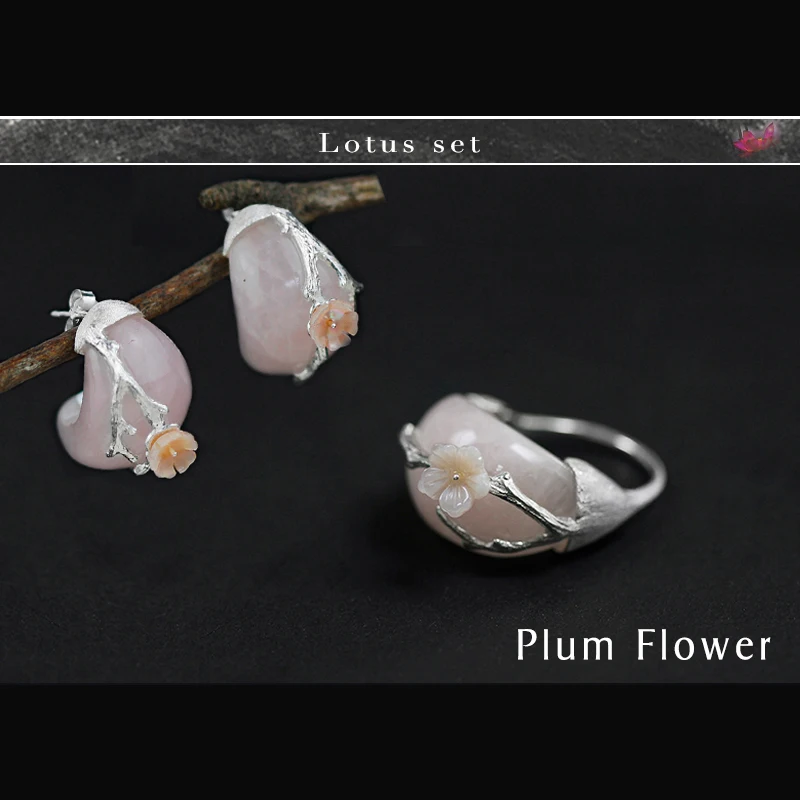 Lotus Fun реальные 925 серебро Натуральный камень творческий ручной Ювелирные украшения сливы цветок комплект ювелирных изделий с кольцо серьгу