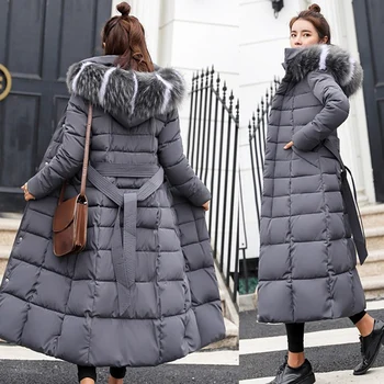 

New Basic Down Winter Jacket Women Hooded Fur Collar Black Gray Down Coat Warm Slim Long-padded Cotton Female Outwear куртка жен