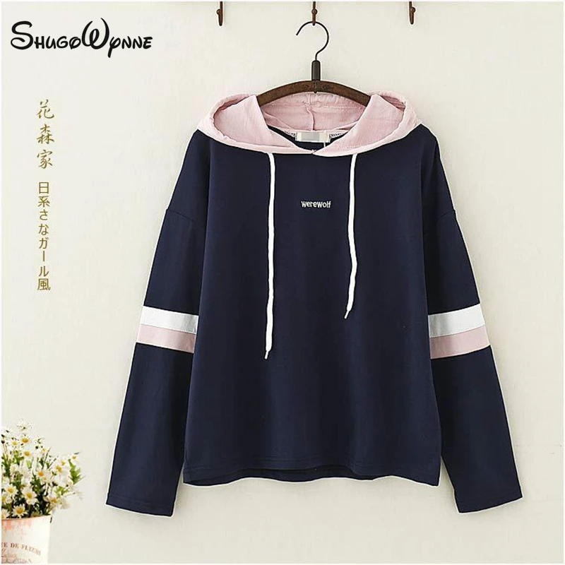 

Mori Girl Pullover 2019 Spring Autumn Women Hoodie Letter Embroidery Loose Hooded Long Sleeve Cotton Casual Sweatershirt Tops