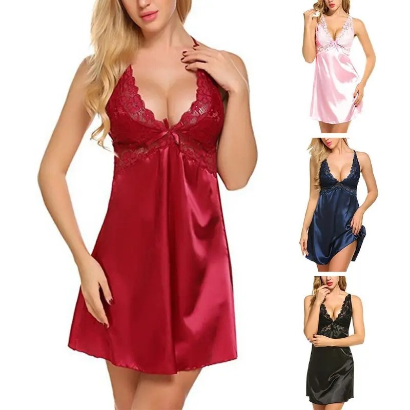 Women Deep V-Neck Backless Nightgown Floral Lace Satin Bowknot Polyamide Sleepwear Pajamas