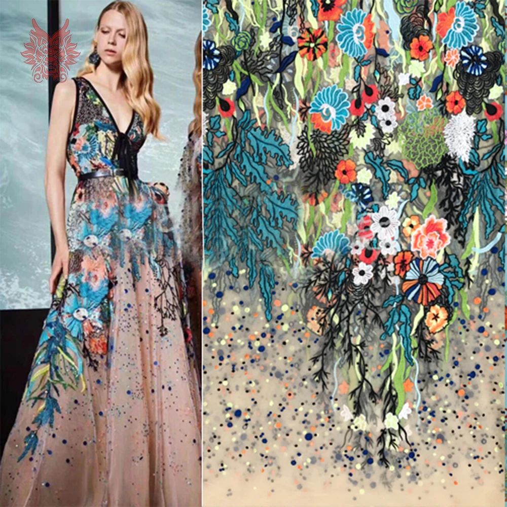 Multi color elegant floral embroidery apricot mesh lace fabric apparel