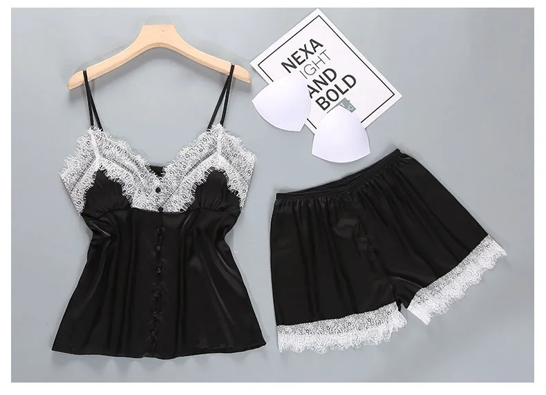 Queenral Pajama Sets Sexy Lingerie Pyjama Femme Summer Women's Sleep Lounge Silk Satin Sleepwear With Chest Pad Nightwear 2