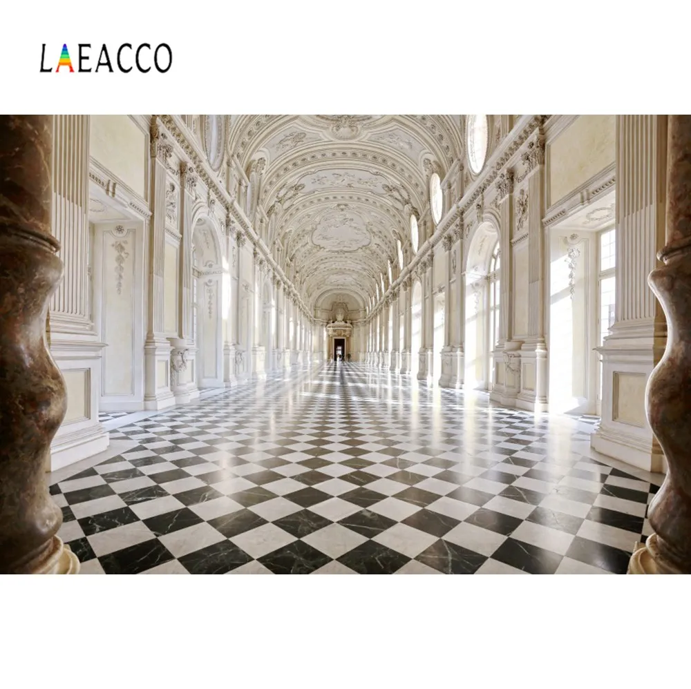 

Laeacco Old Vintage Dome Palace Corridor Black White Marble Square Scenic Photo Backgrounds Photography Backdrop Photo Studio