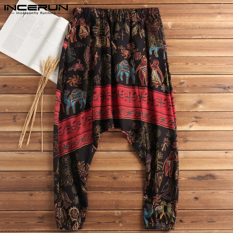 INCERUN 2022 Men Harem Pants Print Retro Drop Crotch Joggers Cotton Trousers Men Baggy Loose Nepal Style Men Casual Pants S-5XL high waisted harem pants