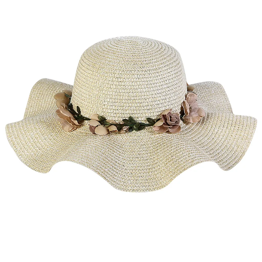 Для женщин пляж Кепки Большие широкие поля, из соломы шляпы и изображениями красочного цветка; пляжные кепки для защиты от солнца складывающаяся Кепка chapeau femme ete#3