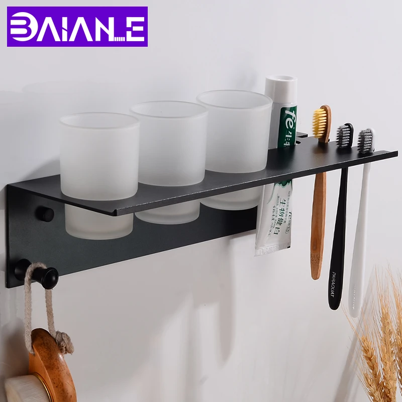 New Black Space Aluminum Wall Mounted Toothbrush Holder with Single Ceramic Cups
