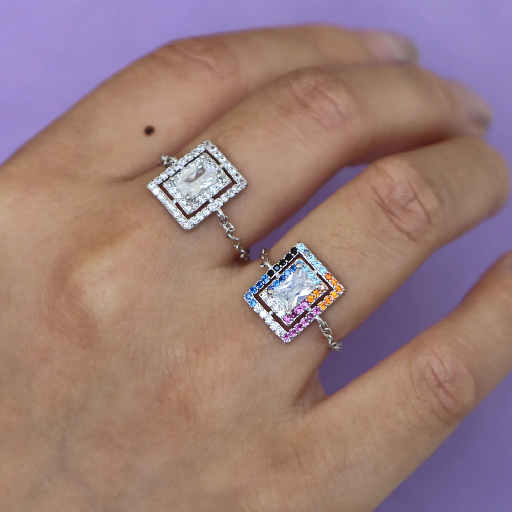 European charm chian ring clear multi color Rainbow cz metal square ring 2018 hot selling geometric cubic zirocnia rings