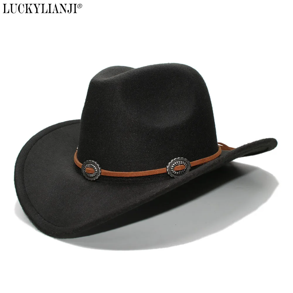 

LUCKYLIANJI Women's Men's Unisex's Vintage Wool Felt Cowboy Wide Brim Bowler Hat Turquoise Braid Band (57cm)